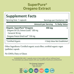 Close-up of oregano oil extract capsules label