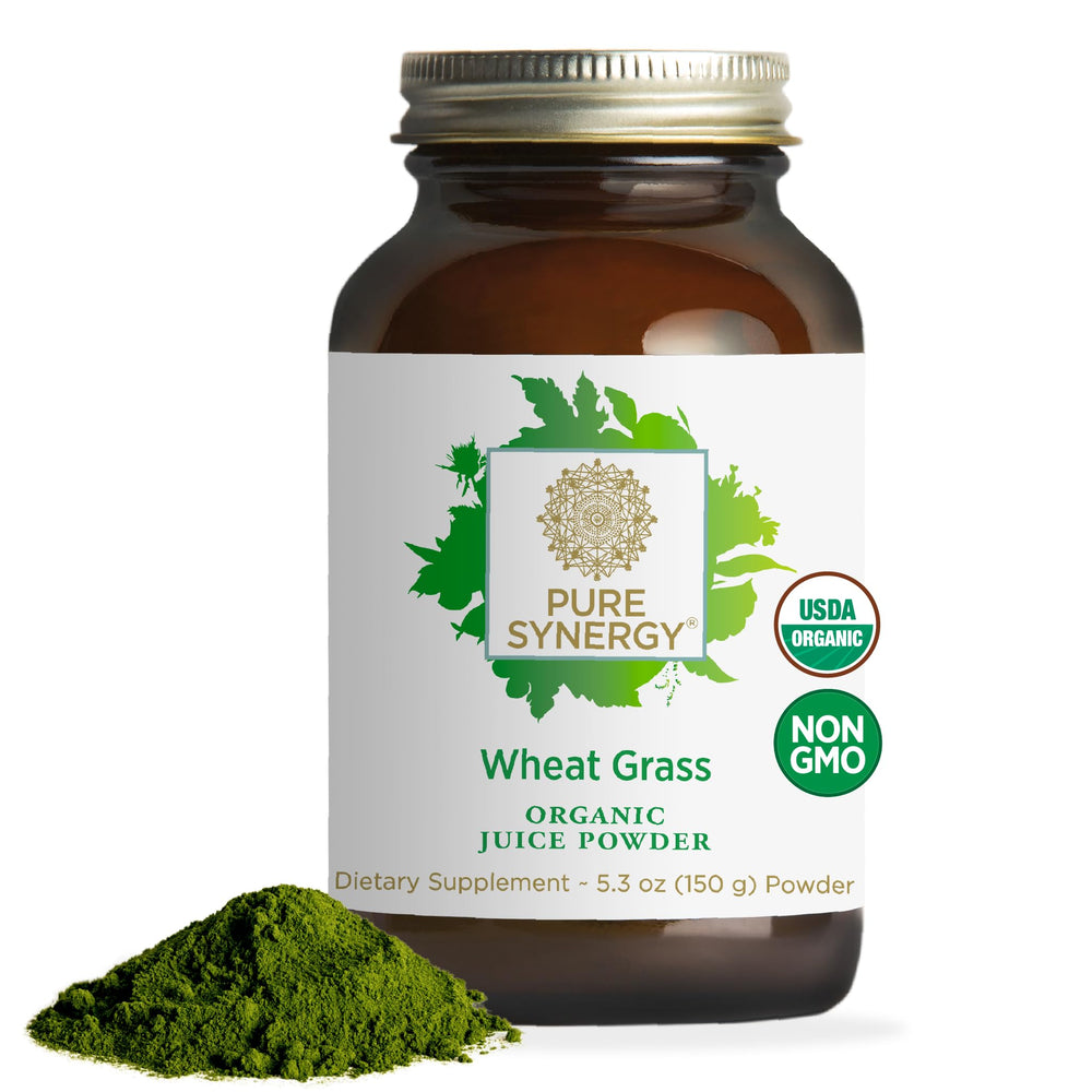 Front view of PURE SYNERGY Organic Wheat Grass Juice Powder bottle (5.3 oz).