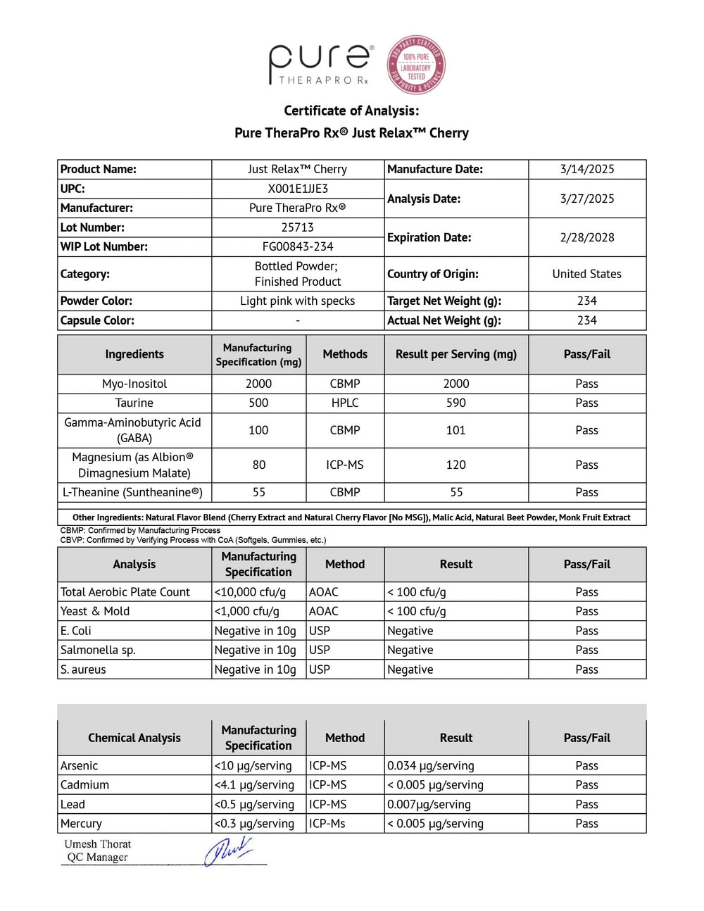 Pure Therapro Rx certification seals showing NSF and GMP quality assurance benefit