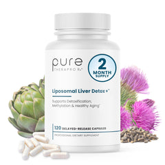 Pure Therapro Rx Liposomal Liver Detox bottle emphasizes liver support in a vegan formula.