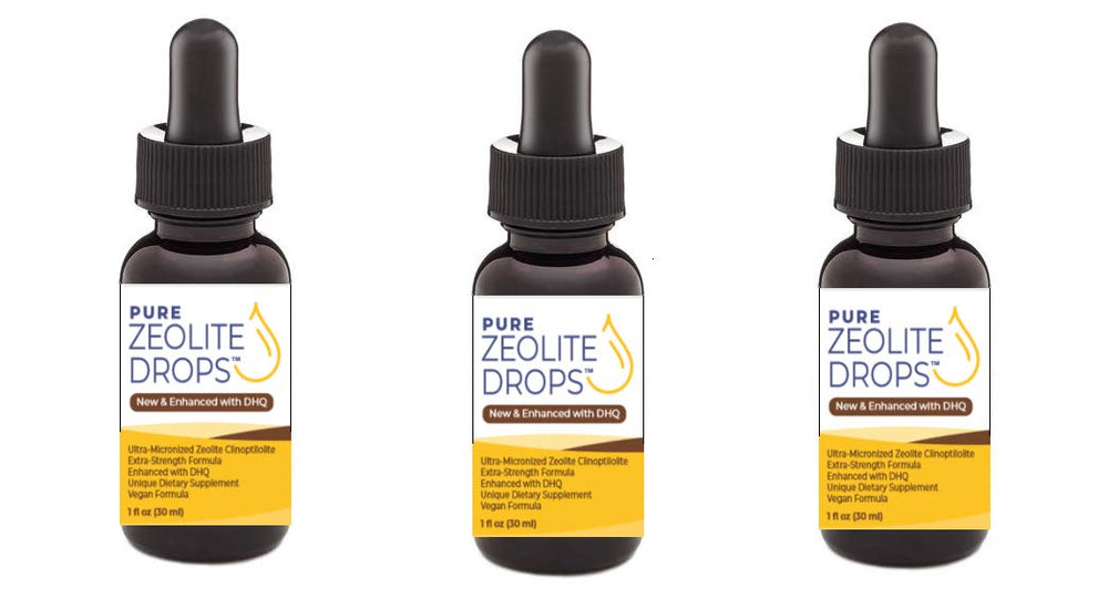 Bottle and packaging of Pure Zeolite Drops 3 Pack
