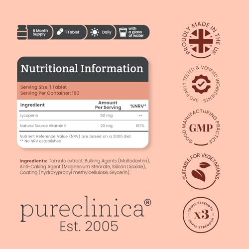Bottle side view of PureClinica Lycopene 50mg 180 tablets