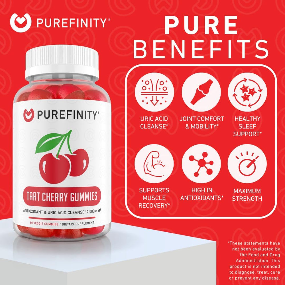 Back view of PUREFINITY Tart Cherry Gummies bottle showing nutrition and ingredients