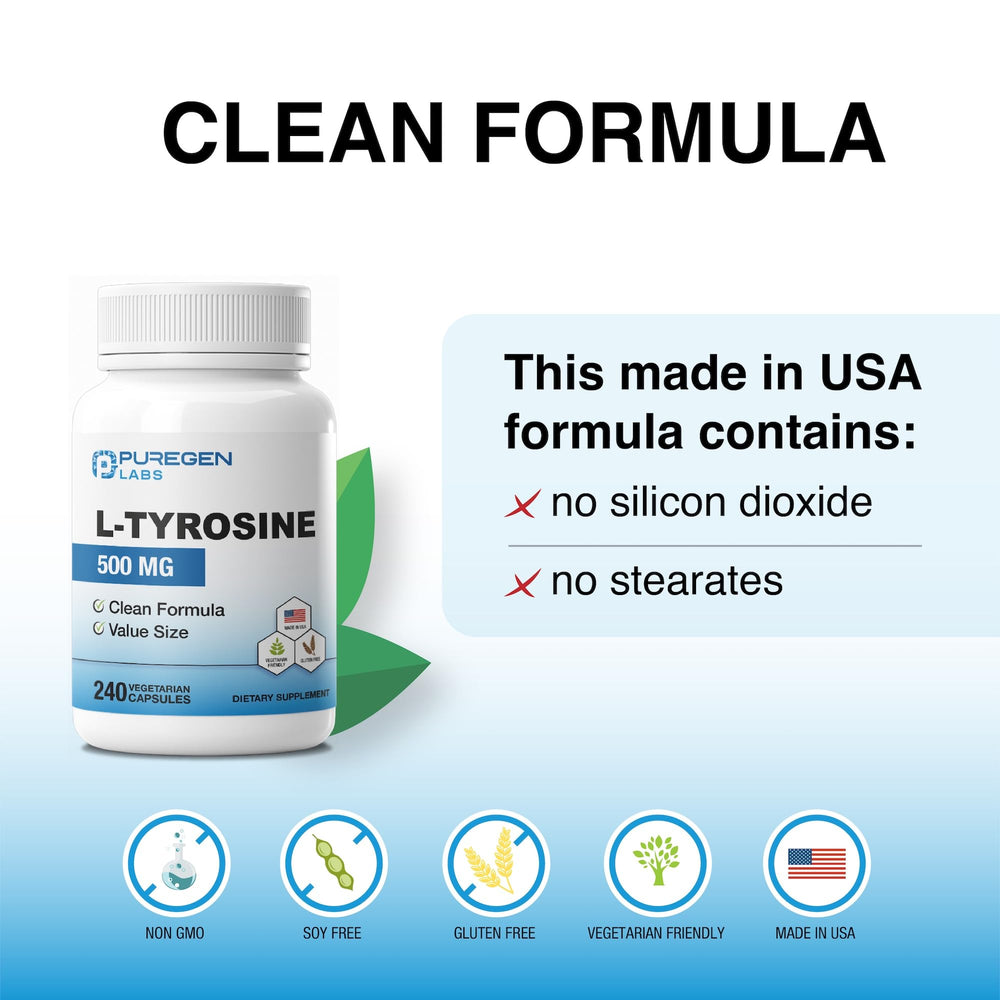 Made in USA statement on Puregen Labs L-Tyrosine bottle