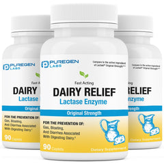 Bottle of Puregen Labs Dairy Relief with label showing Lactase Enzyme 3000 FCC per caplet