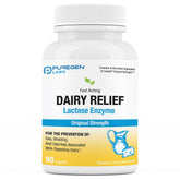 Puregen Labs Dairy Relief bottle label showing lactase enzyme 3000 FCC