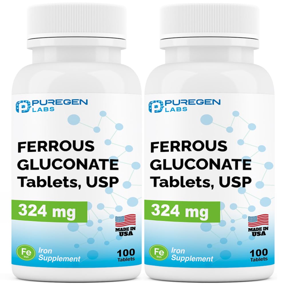 Puregen Labs Ferrous Gluconate iron supplement two-pack with 200 tablets
