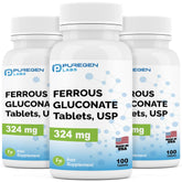 Front bottle of Puregen Labs Ferrous Gluconate 324 mg iron supplement