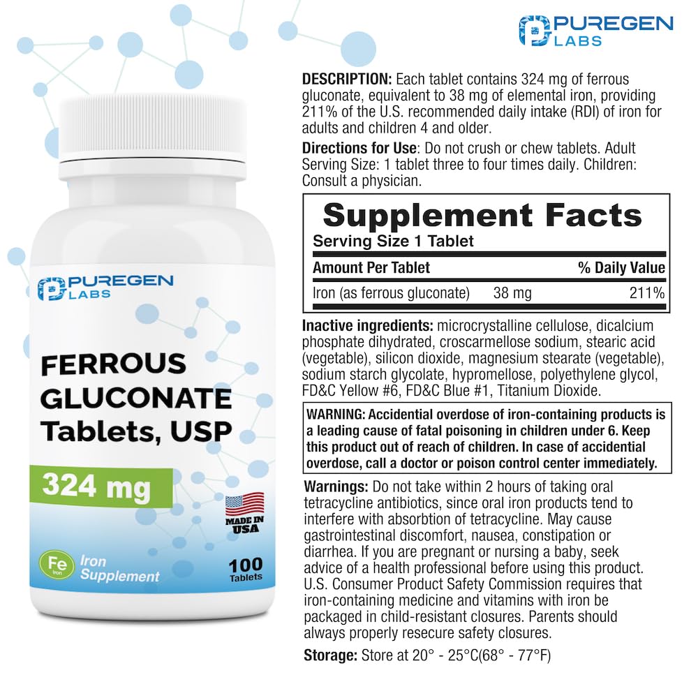 Ferrous gluconate product label showing 324 mg dosage