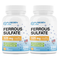 Puregen Labs Ferrous Sulfate 325 mg iron supplement bottle with 400 tablets — Made in USA