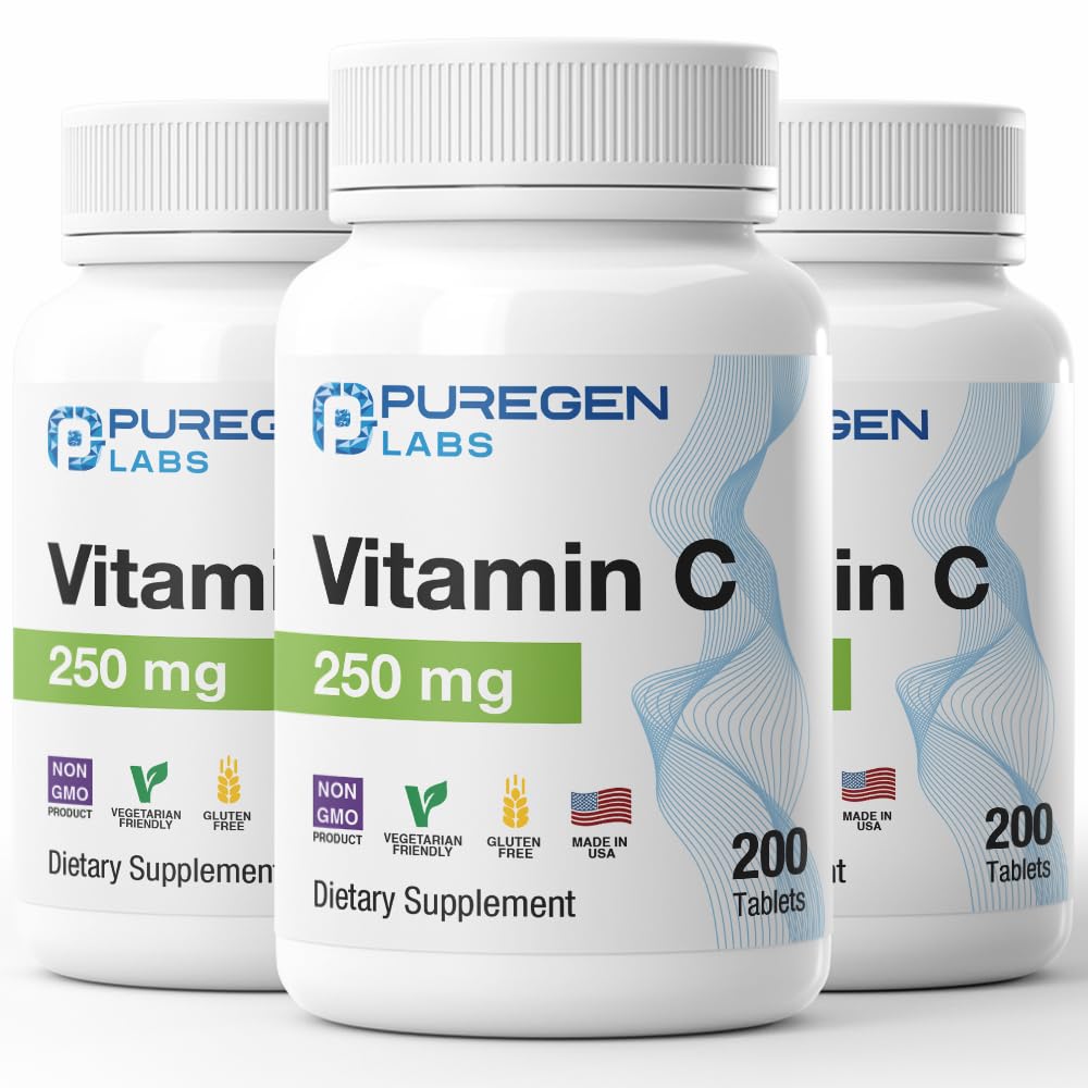 Puregen Labs Vitamin C 250mg bottle with 3-pack and 600 tablets