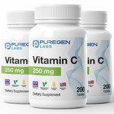 Puregen Labs Vitamin C 250mg bottle with 3-pack and 600 tablets