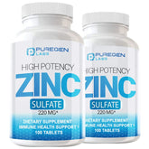 Bottle of Puregen Labs Zinc Sulfate 220 mg dietary supplement tablets