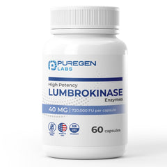 Front view of Puregen Labs Lumbrokinase 40mg capsule bottle
