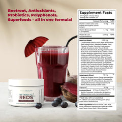 Glass of prepared PureHealth Reds smoothie