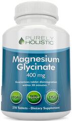Purely Holistic magnesium glycinate bottle front showing 270 tablets for daily support