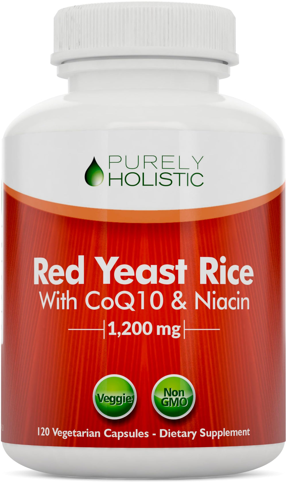 Purely Holistic Red Yeast Rice 1200mg bottle for easy daily heart-support capsules.