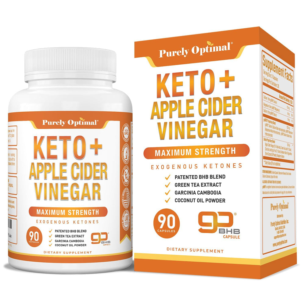 Packshot of Purely Optimal Keto BHB + ACV Capsules bottle (90 capsules)