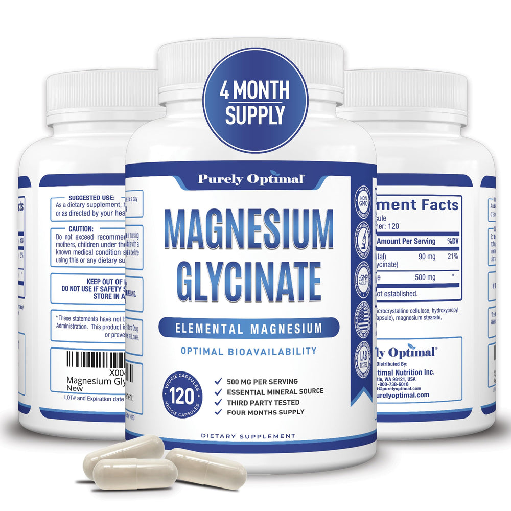 Purely Optimal Magnesium Glycinate 500mg bottle for gentle nightly relaxation and sleep support.