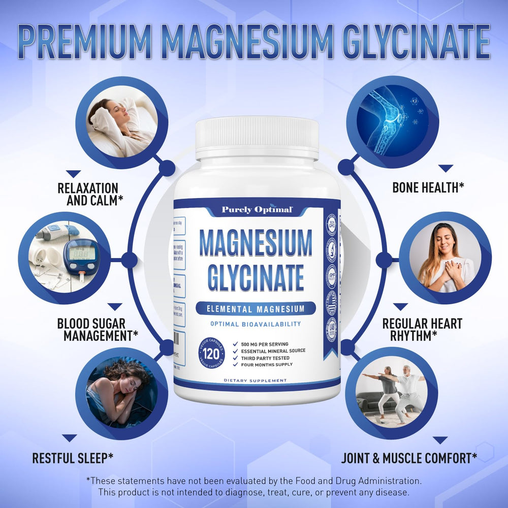 Purely Optimal Magnesium Glycinate 500mg capsules for easy daily use.