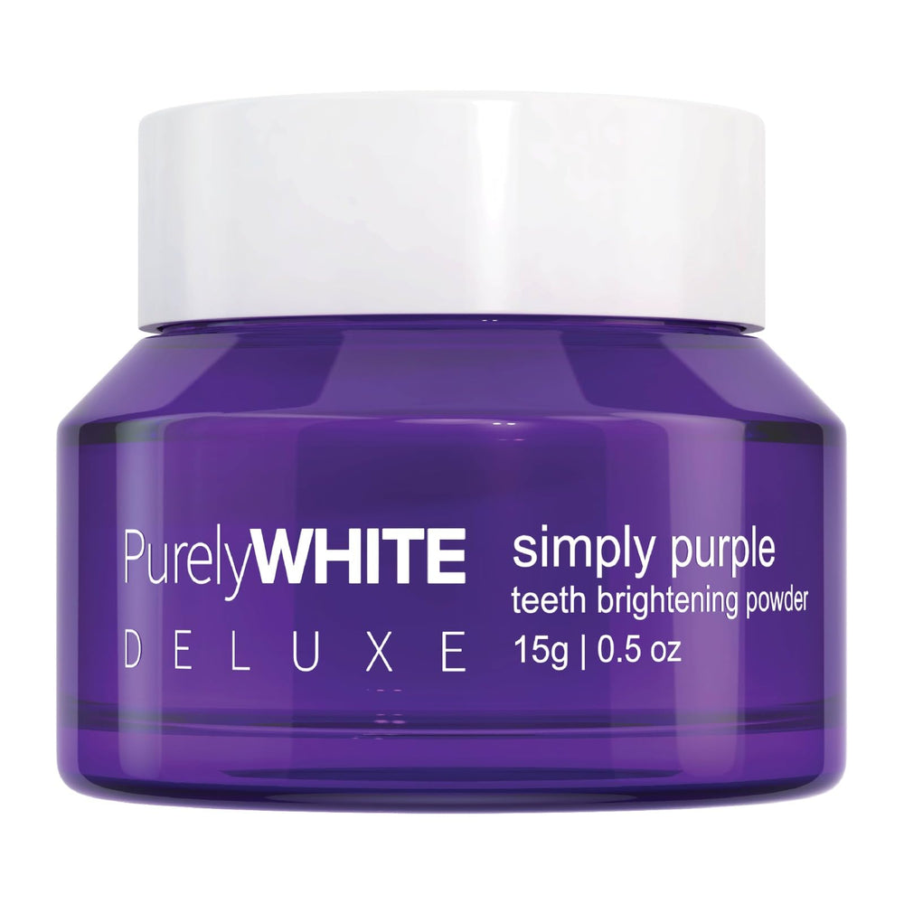 PurelyWHITE DELUXE Simply Purple Brightening Powder jar on a white background