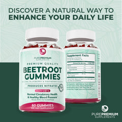 PurePremium Beet Root Gummies benefits graphic hinting at blood circulation support.