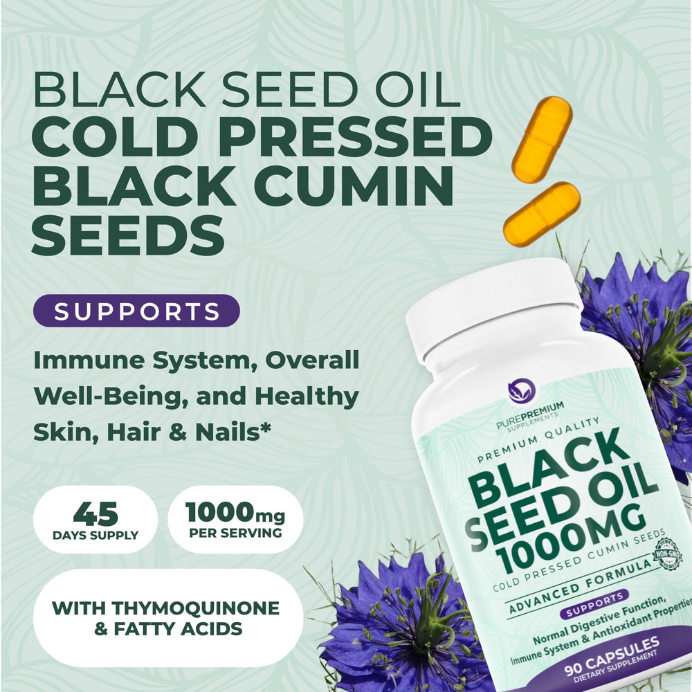 Bottle and label of PurePremium Black Seed Oil 500mg - 90 capsules