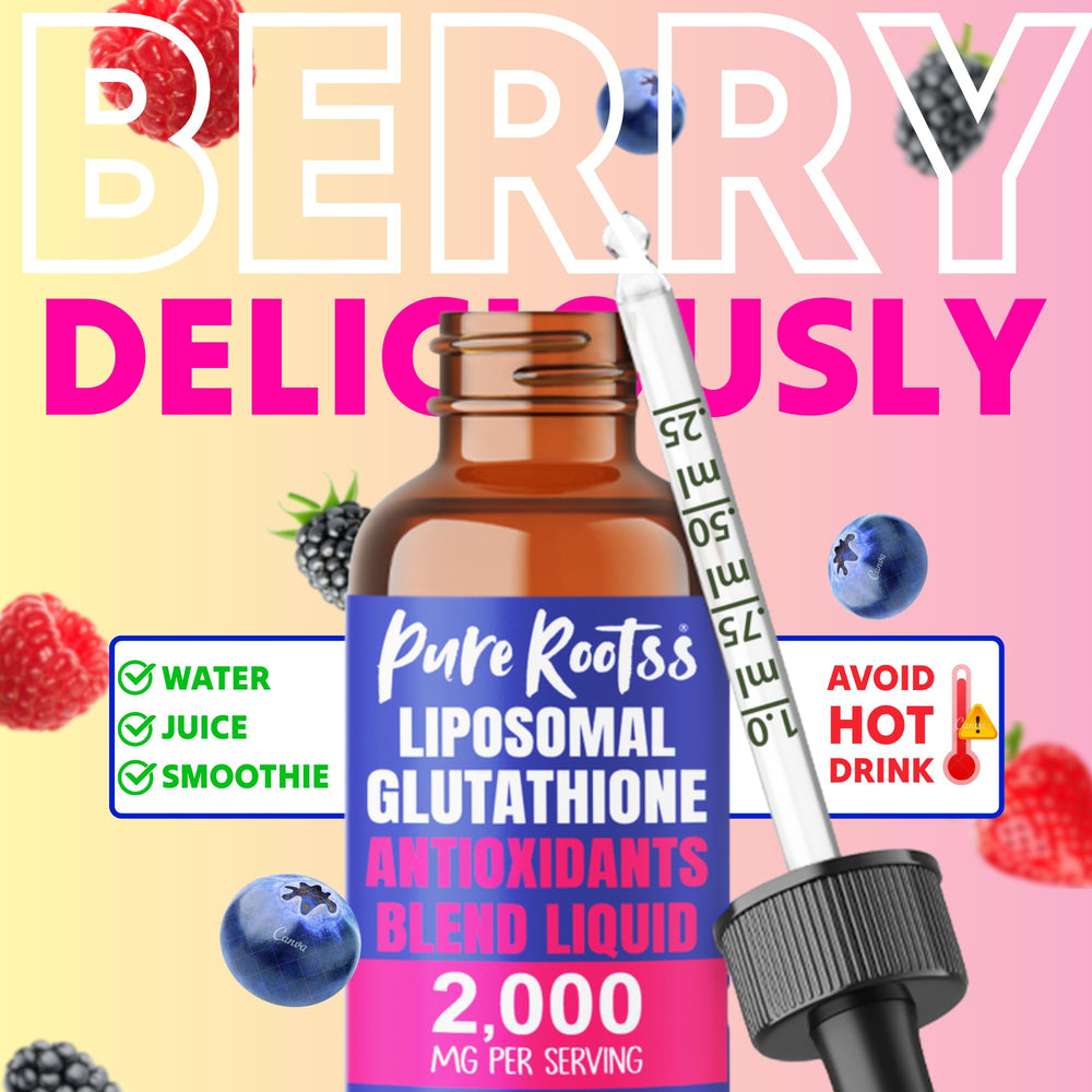 Usage guidance for PureRootss Liposomal Glutathione Liquid showing 2 mL per day.