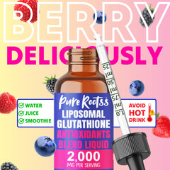 Usage guidance for PureRootss Liposomal Glutathione Liquid showing 2 mL per day.