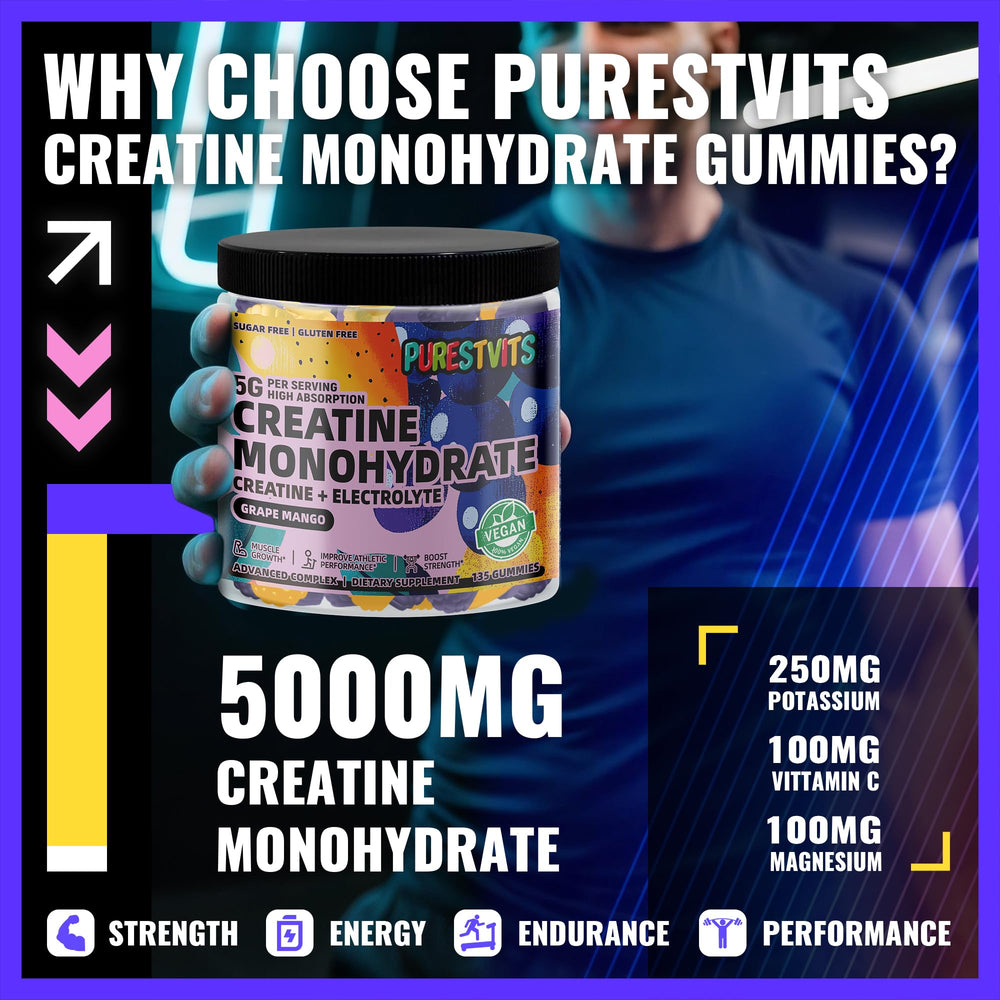 Product packaging and label for PURESTVITS Creatine Monohydrate Gummies