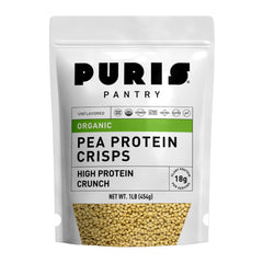 PURIS Organic Pea Protein Crisps packaging highlights US-made, clean protein