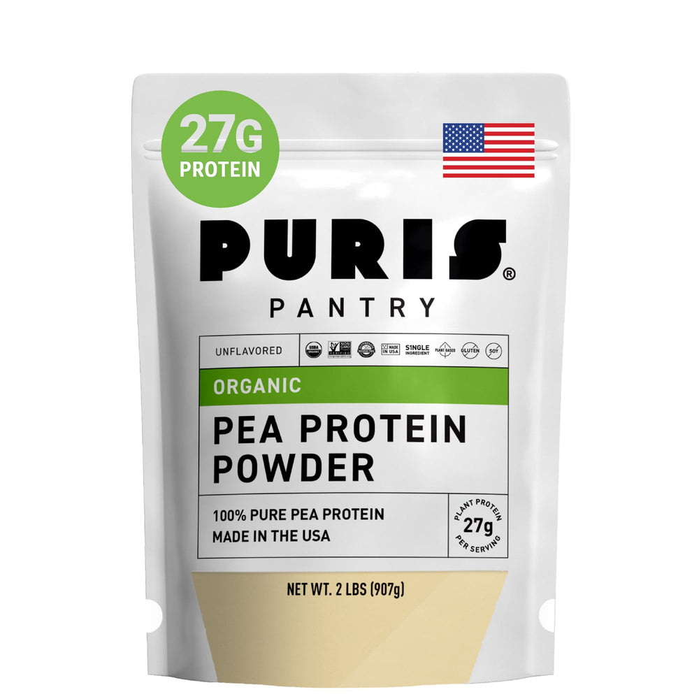 PURIS Organic Pea Protein Powder packaging showing organic certification for clean sourcing.