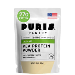 PURIS Organic Pea Protein Powder packaging showing organic certification for clean sourcing.