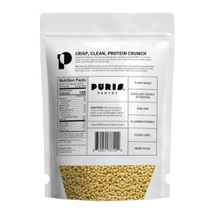 PURIS Pea Protein Crisps bag open reveals crisp texture perfect for on-the-go snacking.