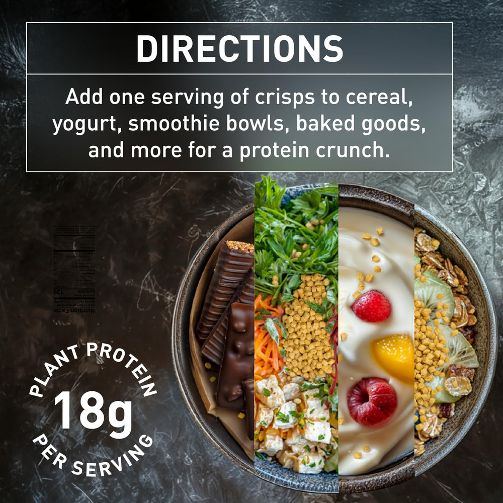 PURIS Pea Protein Crisps yogurt topping demonstrates easy protein boost for breakfast.