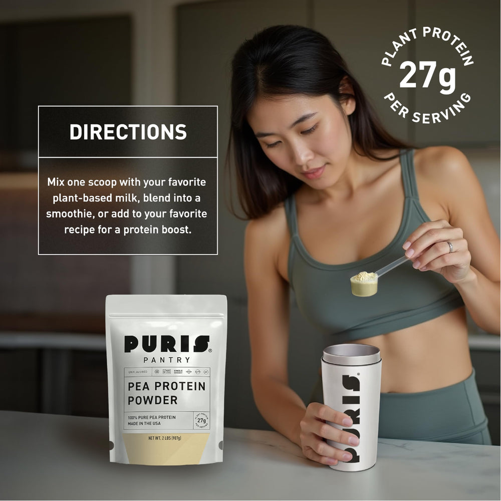 PURIS Pea Protein Powder in bowl ready for shakes and versatile recipes.