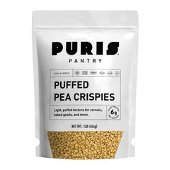 PURIS Puffed Pea Crispies packaging showcases clean-label plant protein.
