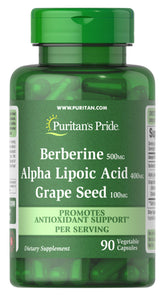 Puritan's Pride Berberine, Alpha Lipoic Acid & Grape Seed supplement bottle