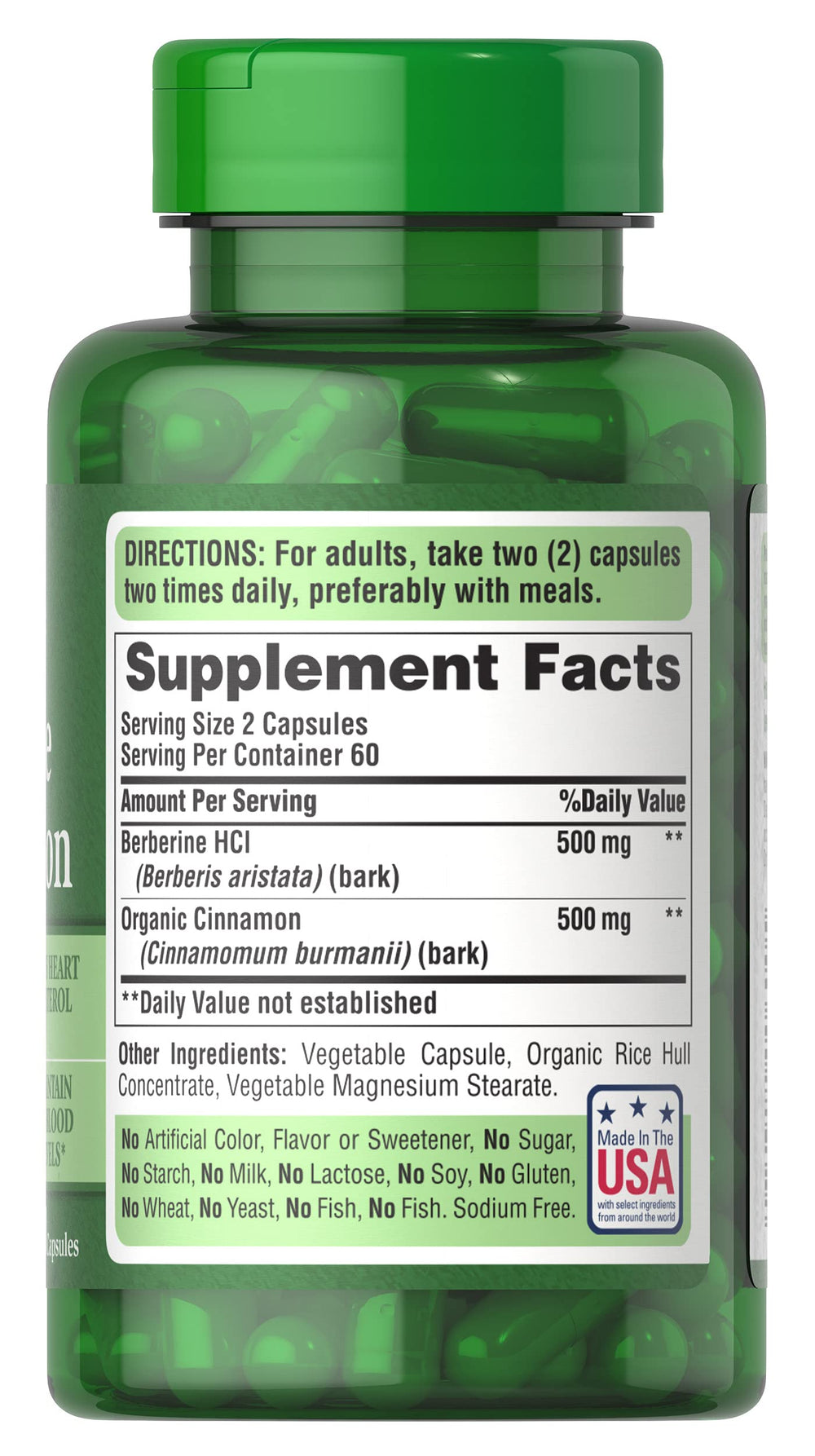 Label showing Berberine 500 mg and Organic Cinnamon 500 mg