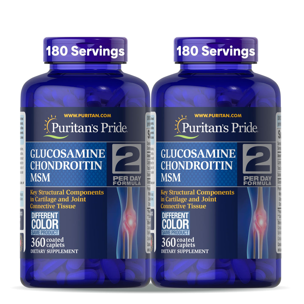 Bottle of Puritan's Pride Glucosamine Chondroitin MSM with 360-coated caplets
