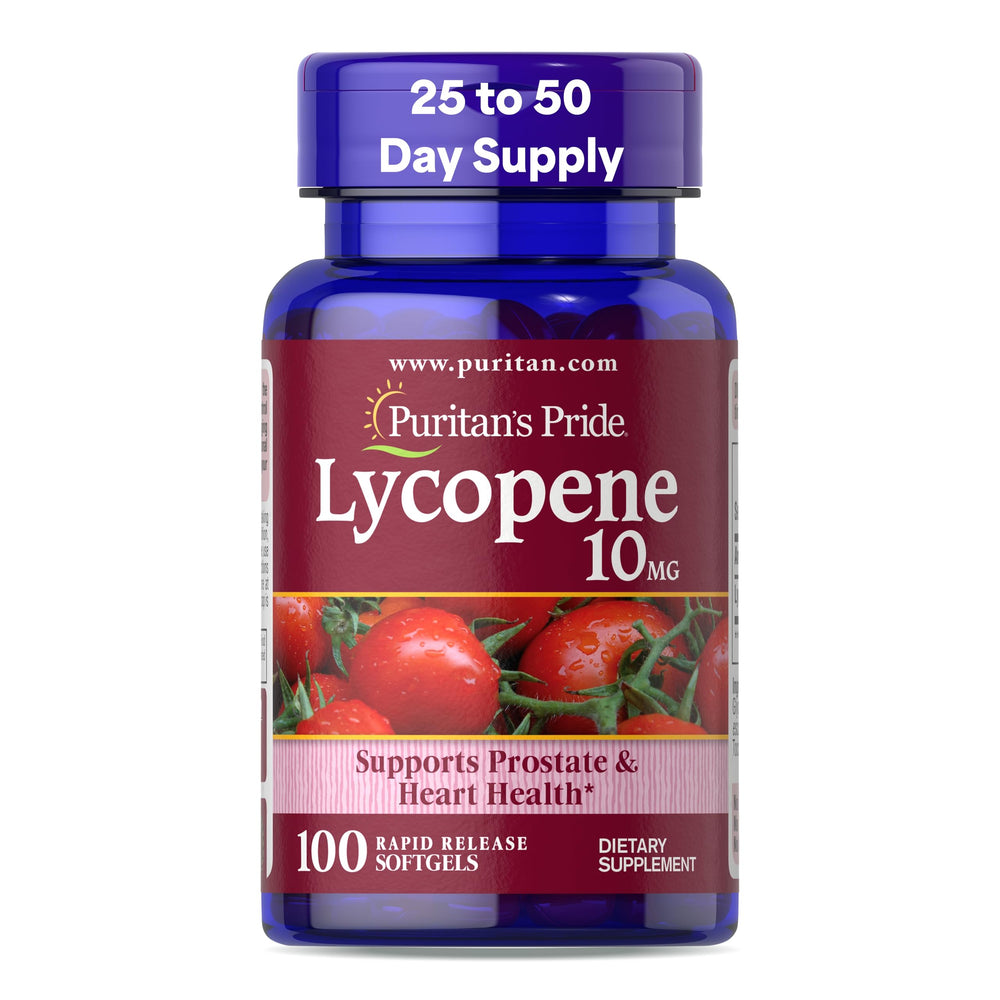 Puritan's Pride Lycopene 10mg bottle with 100 rapid-release softgels