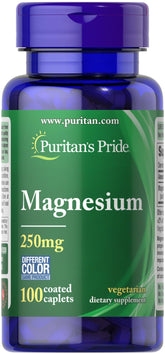 Puritans Pride Magnesium 250 mg caplets bottle front label