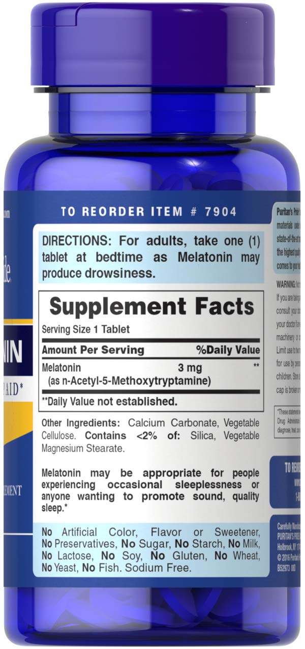 Close-up of Puritans Pride Melatonin 3 mg label