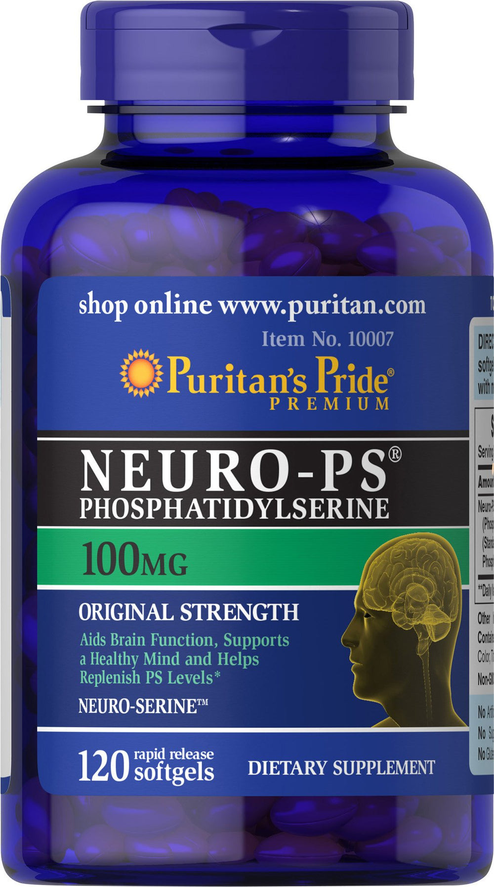 Puritan's Pride Neuro-PS 100 mg softgels bottle label close-up