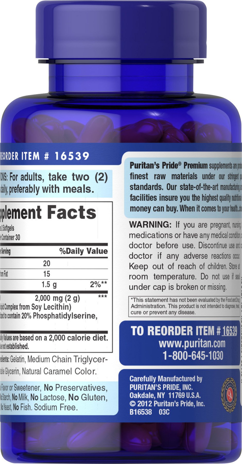 Puritan's Pride Neuro-PS bottle with white label – front view