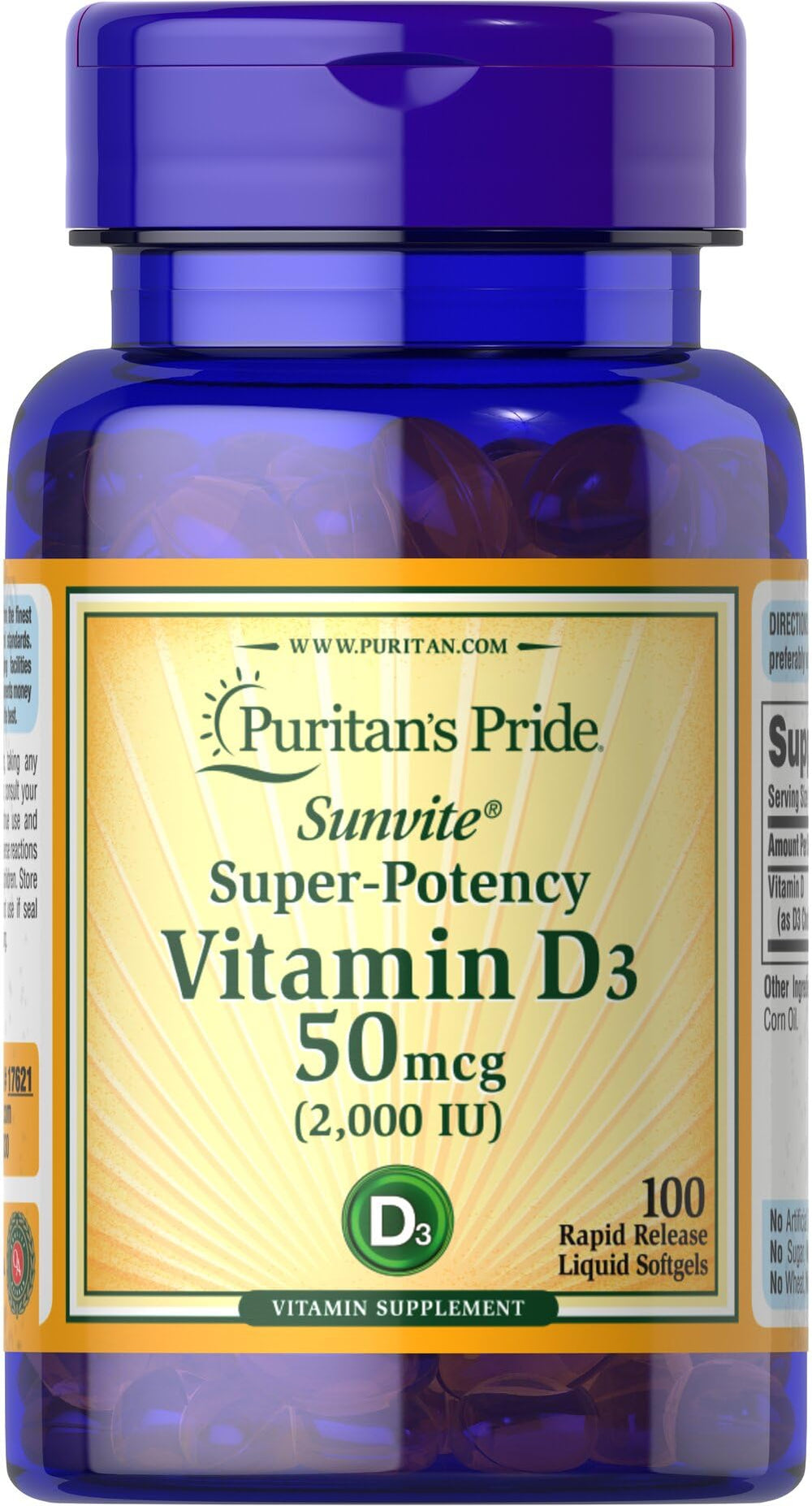 Puritan's Pride Sunvite Vitamin D3 2000IU bottle and label