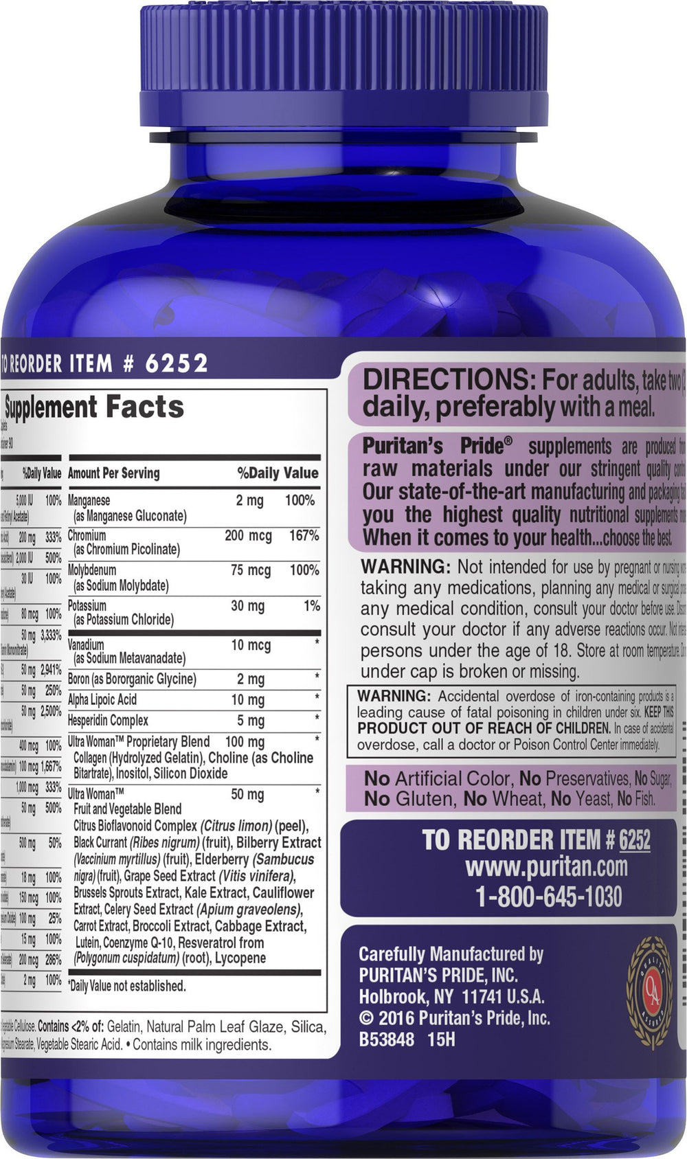 Close-up of Puritan's Pride Ultra Women Multivitamin Timed Release Caplets in bottle