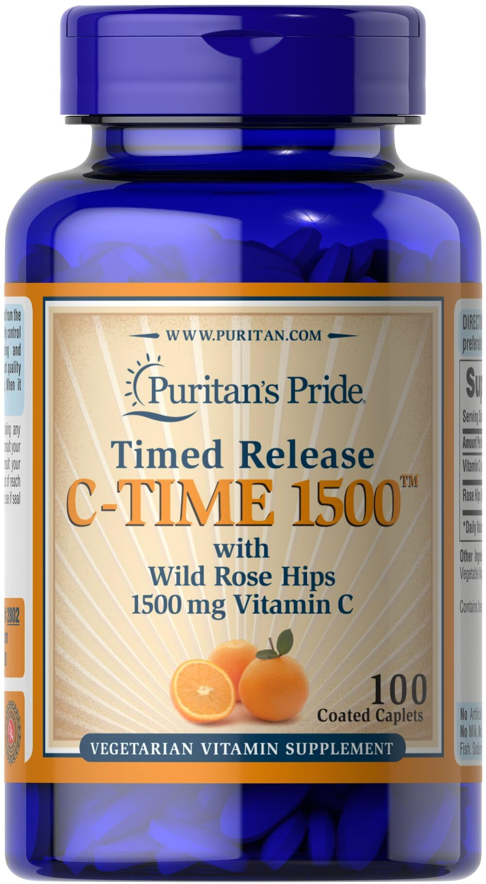 Puritan's Pride Vitamin C 1500 mg with Rose HIPS Caplets bottle front view