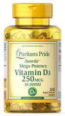 Puritan's Pride Vitamin D3 250 mcg (10,000 IU) Softgels bottle - 200 count