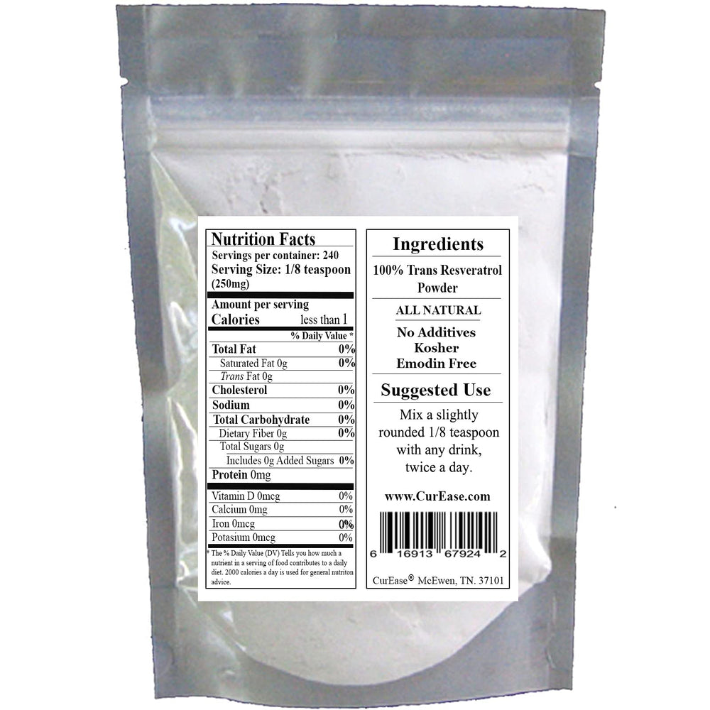 Purity label indicating emodin-free trans-resveratrol powder